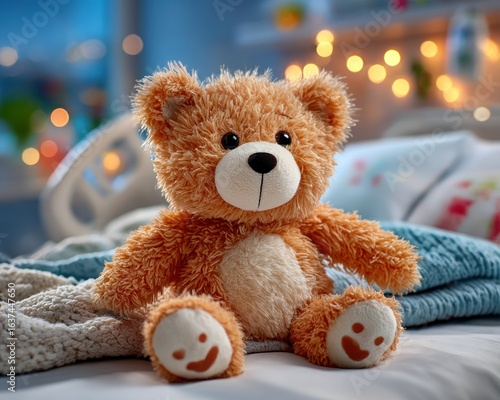 Teddy bear sits on hospital bed