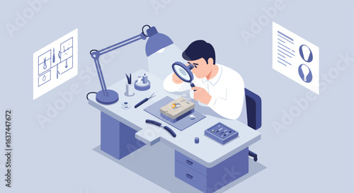 Jeweler Inspecting a Ring at Desk with Blueprints. Precision Work Concept