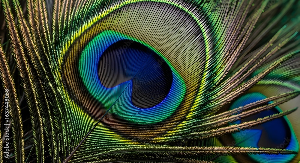Obraz premium Close-up view of vibrant peacock feather showcasing intricate patterns and colors.