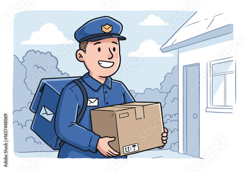 Smiling mailman delivers package to a home with cloudy sky. E-commerce ad