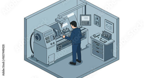 Machinist operates lathe in shop, tools and displays are in the background