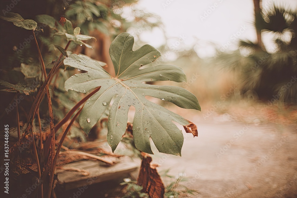 Fototapeta premium Close-up of a large, lush, light-green leaf, speckled with water droplets, amidst other foliage, in a warm, blurred background