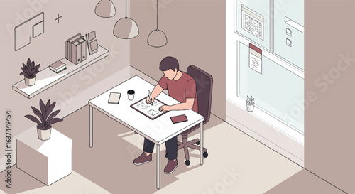 Design draft Man at desk sketches website interface, window, shelf with books