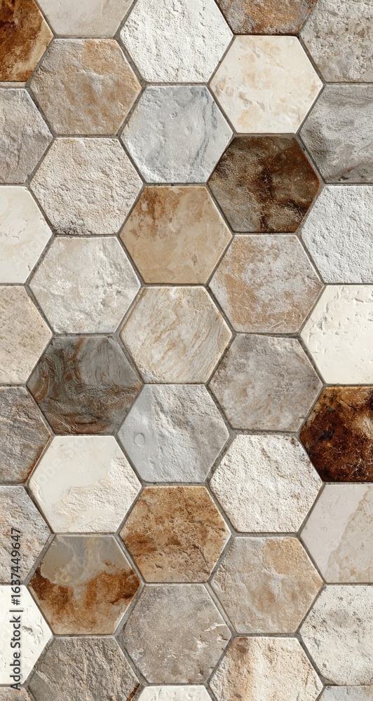 Fototapeta premium Hexagonal stone tiles in beige, brown, and gray