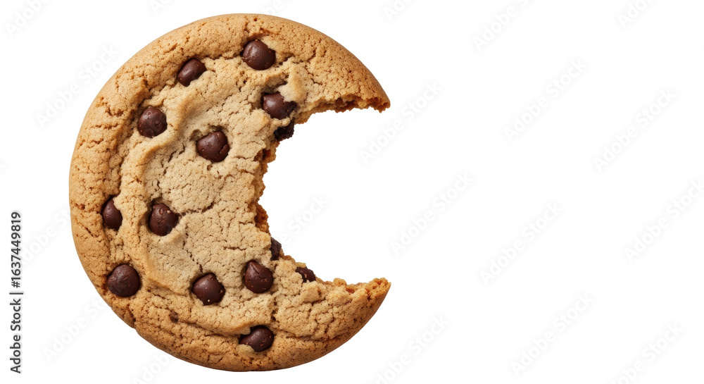 Obraz premium Large, half-eaten chocolate chip cookie with jagged bite, macro detail, next to a high-res black-white dental record, isolated on transparent, forensic evidence match