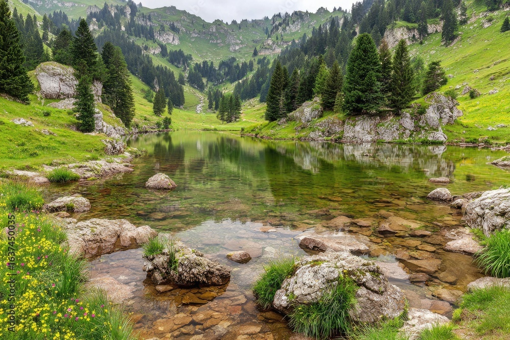 Obraz premium Serene alpine lake nestled amongst rocky peaks