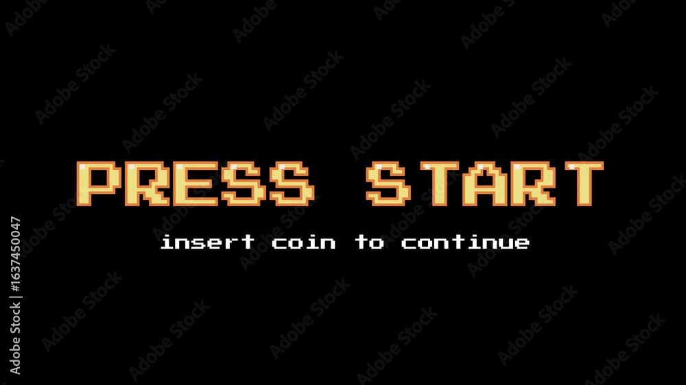 PRESS START INSERT A COIN TO CONTINUE. pixel art. 8 bit game. zoom animation. retro game. for game assets in vector illustrations. pixel art 8 bit game from vintage arcade computer. dark background