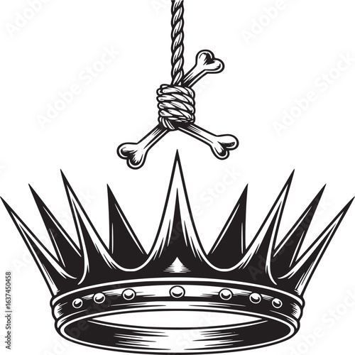 Striking monochrome graphic of a crown beneath a noose made of bones for edgy designs