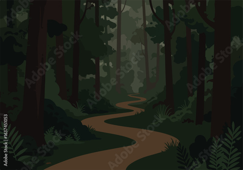 Trail winds deeply into dark woods; trees in the misty background, forest illustration