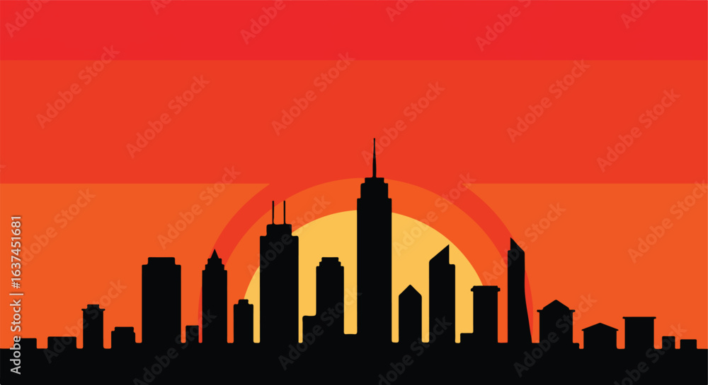 Urban skyline at sunset. Warm radial background, graphic design use