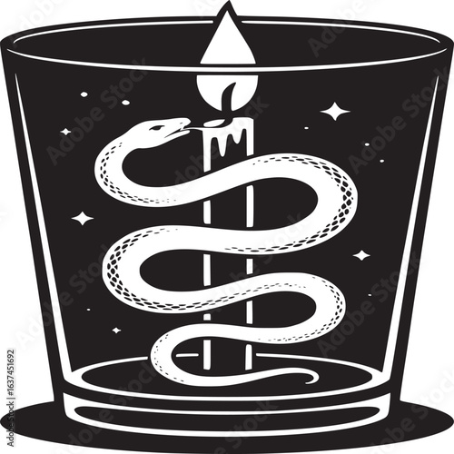 Intricate snake design coiled around a candle in a modern minimalist monochrome style graphic element