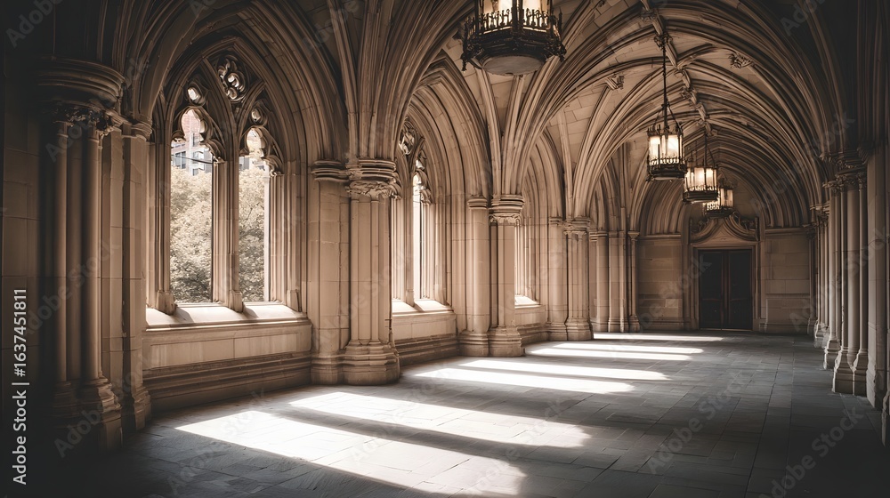 Fototapeta premium A stone-walled hallway with arched ceilings and sunlight filtering through the windows.