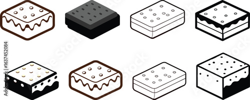 Isometric Dessert Icons:  Brownie, Cake, and Cookie Variations in Line Art and Solid Styles.
