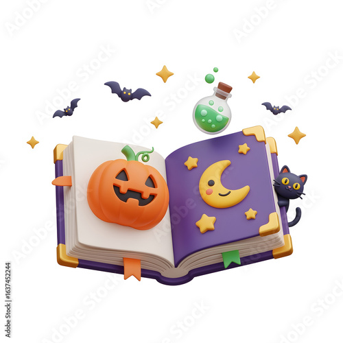 Colorful Halloween Themed Children's Book with Pumpkin Cat Moon Stars and Potion