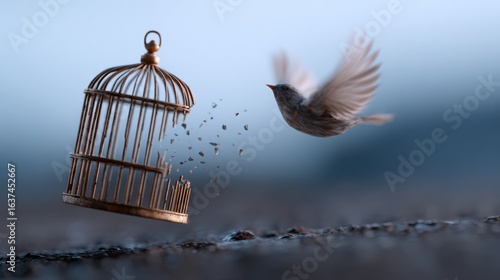 Conceptual image of a broken cage with a bird flying free, symbolizing liberation and freedom. Human rights, empowerment. Hopeful.