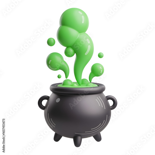 Green Potion Potion Bottle with Bright Green Liquid and Bubbles in Black Cauldron