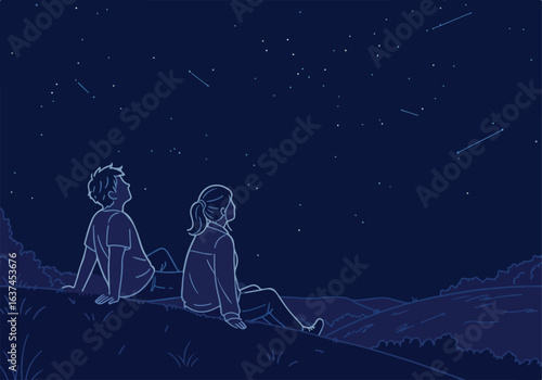 Couple sitting observing stars at night on a hill. Background hills are visible