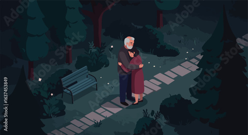 Dad hugs daughter in dark forest park; pathway, bench, flowers, and trees behind