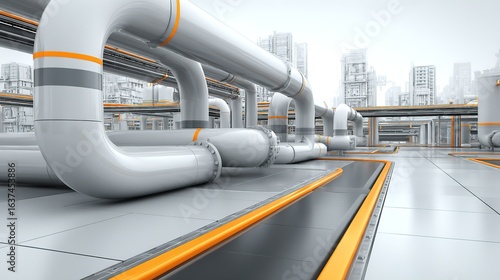 Industrial Pipe System in a Futuristic Cityscape