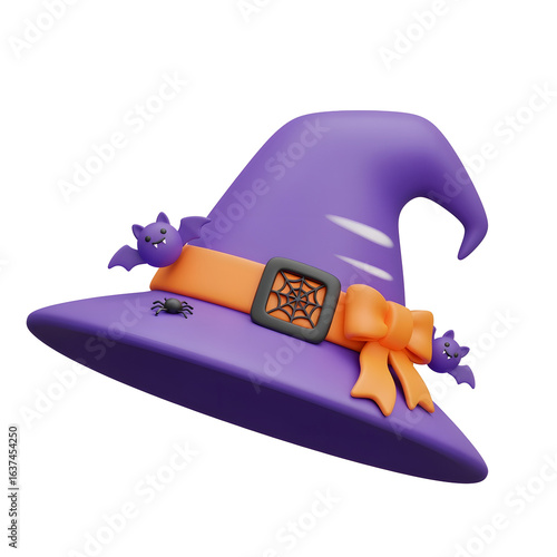 Purple Witch Hat with Orange Ribbon and Cute Bat and Spider Decorations