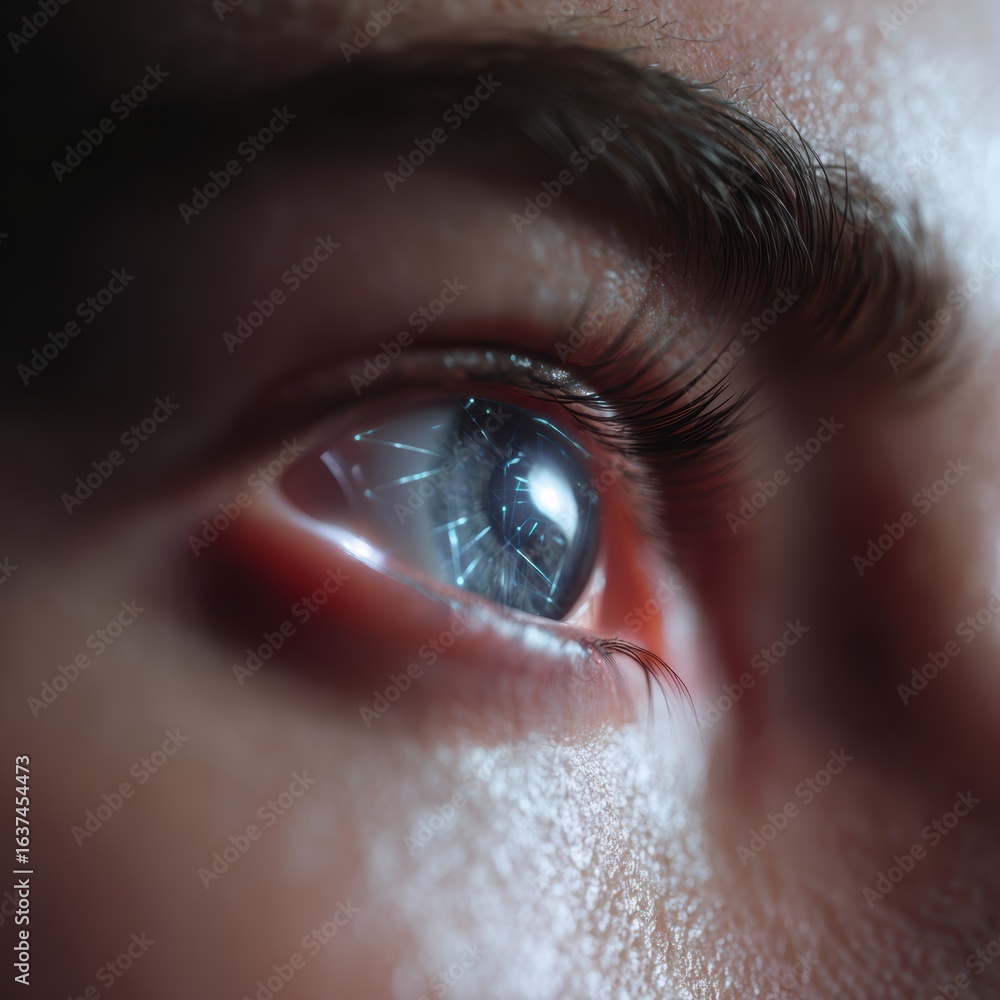 Naklejka premium Close-up of a human eye looking intently at an AI-generated image, evaluating its ethical implications. Perception, critical thinking. Intense.