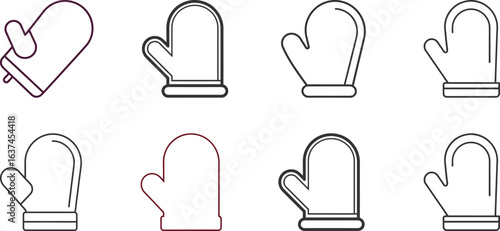 Set of eight minimalist oven mitt icons; line art, various colors, baking, kitchen.