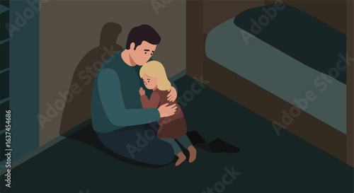 Father hugging crying daughter in dark corner of room, light behind, for empathy needs