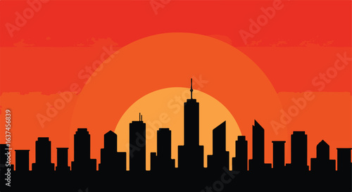 Cityscape silhouette at sunset or sunrise with orange sky, vector illustration use