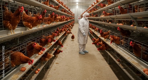 Poultry Farm Interior with Layer Chickens in Cages, Observer in White Coat, and Fresh Eggs in Trays