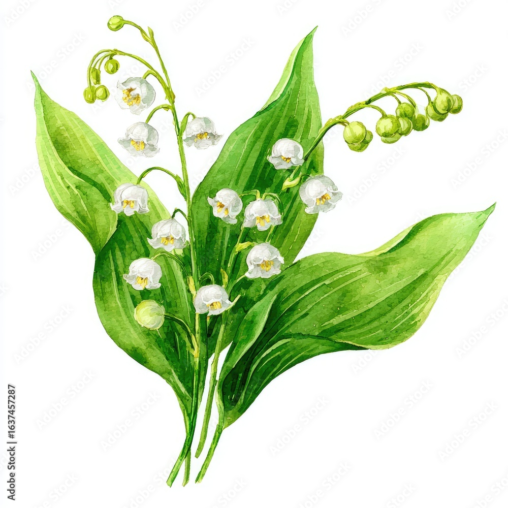 Fototapeta premium Watercolor illustration of a lily of the valley bouquet