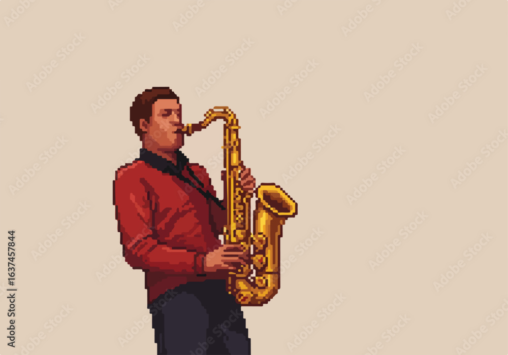 Fototapeta premium Pixel art of sax player in red sweater, against a plain backdrop, for web illustration