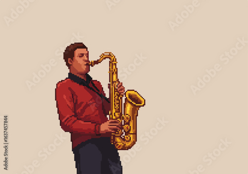 Pixel art of sax player in red sweater, against a plain backdrop, for web illustration