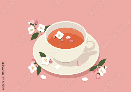 Tea is infused by cherry blossom flowers in pink back. For menu card designs