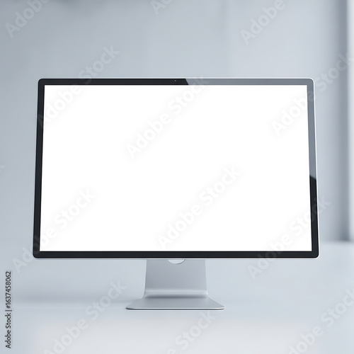 Sleek Modern Computer Monitor Displaying a Blank White Screen on a Minimalist Desk, Perfect for Mockups and Product Presentations