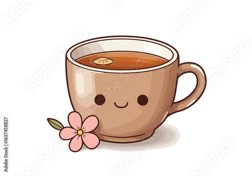 Cute teacup cartoon with flower. Plain white background for easy use