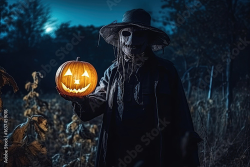 Creepy Scarecrow with a canvas bag on his head in a dense forest with a pumpkin jack-o'-lantern in his hands