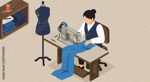 Woman sews blue cloth with a machine at work, mannequin & fabric storage. Isometric