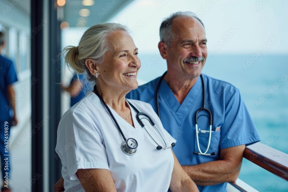 Elderly Couple Relaxing on a Luxury Cruise Ship Medical Retreat with Healthcare Professionals Aboard Elderly Couple Relaxing on a Luxury Cruise Ship Medical Retreat with Healthcare Professionals Aboard