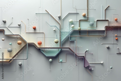 Abstract pastel spheres connected by lines, a modern minimalist digital artwork showcasing technological networks