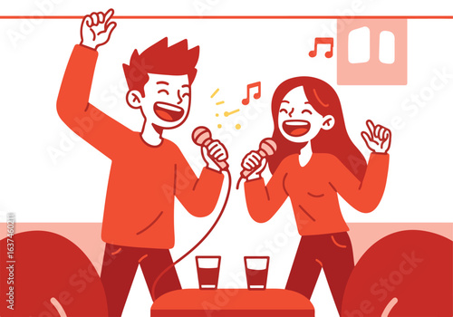 Couple singing karaoke with drinks on table, having fun in a bar area with booths