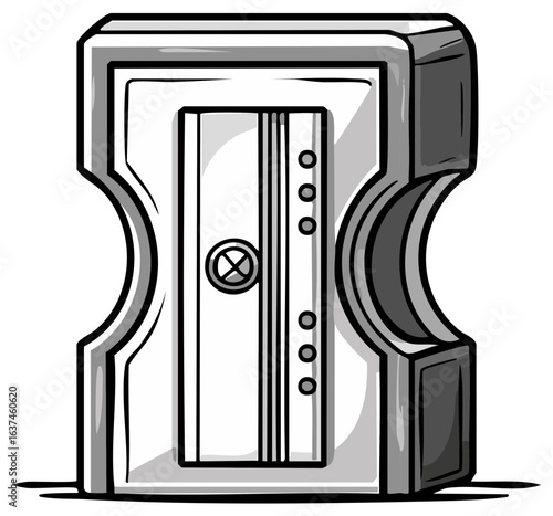 Cartoon pencil sharpener graphic. Stationary, school supply.