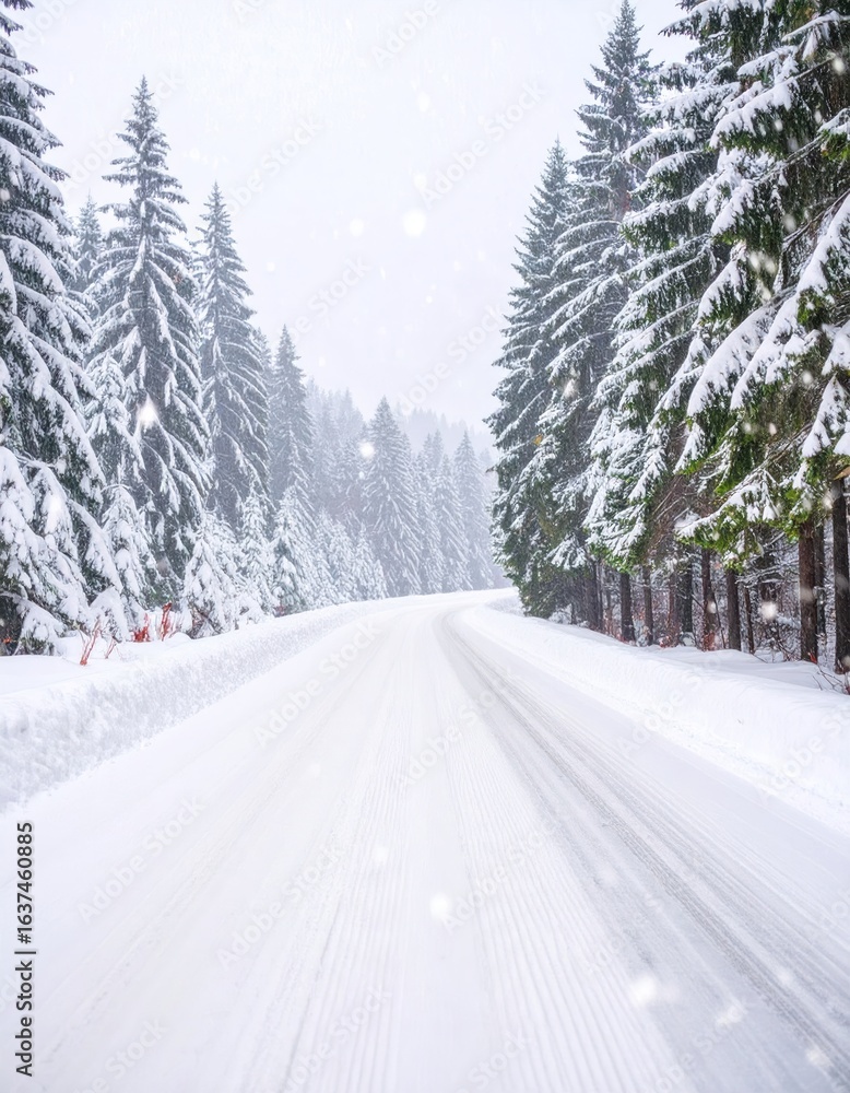 Obraz premium Snowy road through a winter forest