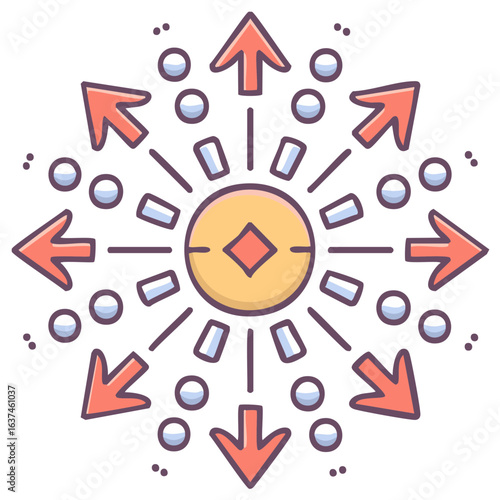 Multidirectional arrows radiating from a central hub conceptual illustration