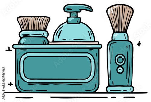 Cartoon style Toiletries set with Brush, Dispenser Bottle, and Container