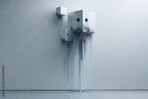 Melting white cubes dripping onto a light blue floor in a minimalist and ethereal space.