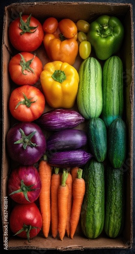 Colorful vegetables arranged in a brown box