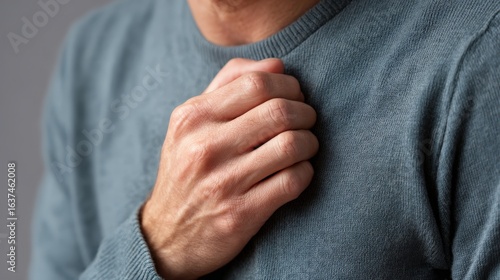 Close-up of a person holding the rib area while coughing, illustrating aggravation of rib pain