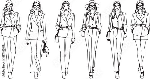 Fashionable Women in Stylish Suits and Accessories Line Art Collection style clothing