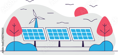 Sustainable energy production illustration featuring solar panels wind turbine and nature elements for environmentally friendly concepts