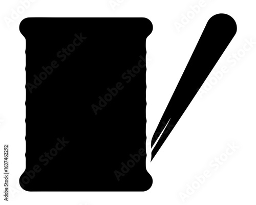 Black silhouette illustration of a thread spool with needle, sewing equipment